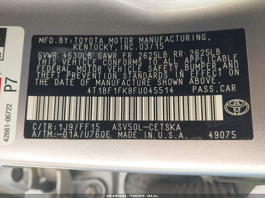 2015 TOYOTA CAMRY SE 4T1BF1FK8FU045514