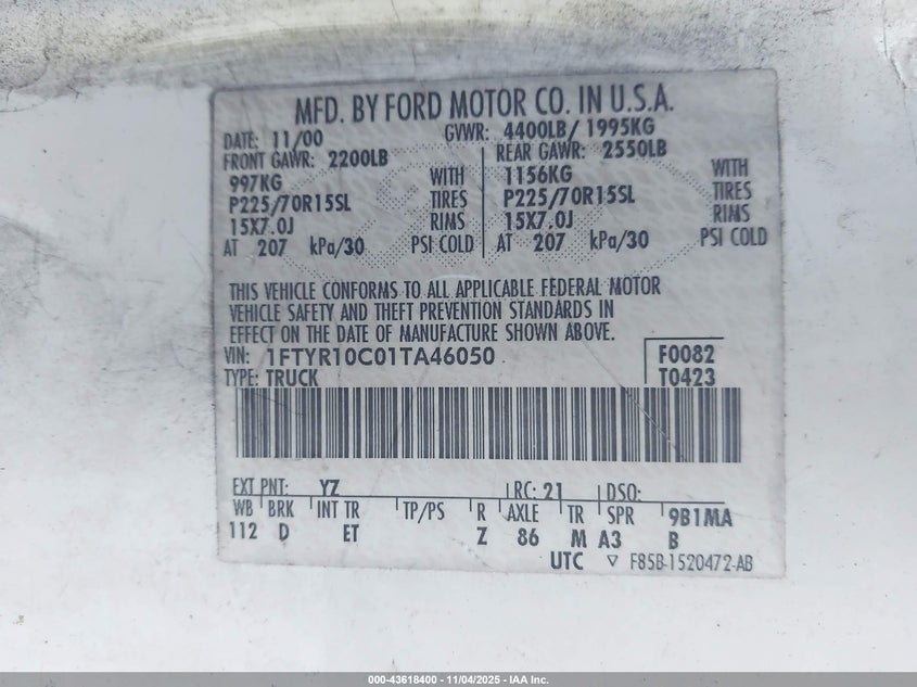 2001 Ford Ranger Xl/Xlt VIN: 1FTYR10C01TA46050 Lot: 43618400