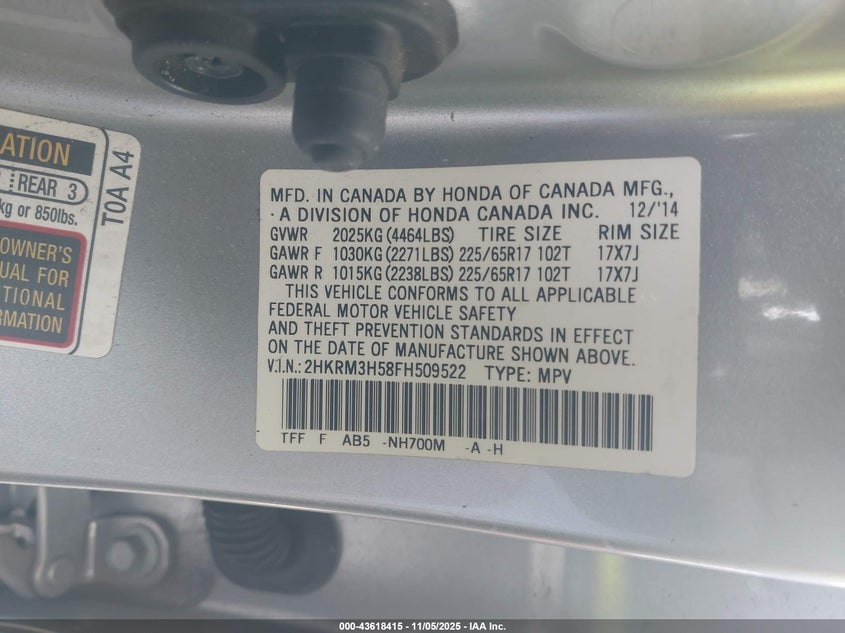 2015 HONDA CR-V EX 2HKRM3H58FH509522