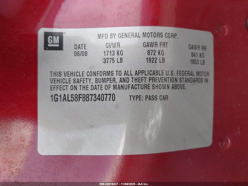 2008 Chevrolet Cobalt Lt VIN: 1G1AL58F887340770 Lot: 43618437