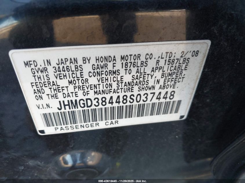 2008 Honda Fit VIN: JHMGD38448S037448 Lot: 43618445