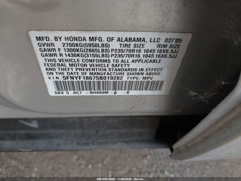 2005 Honda Pilot Ex-L VIN: 5FNYF18675B019282 Lot: 43618462