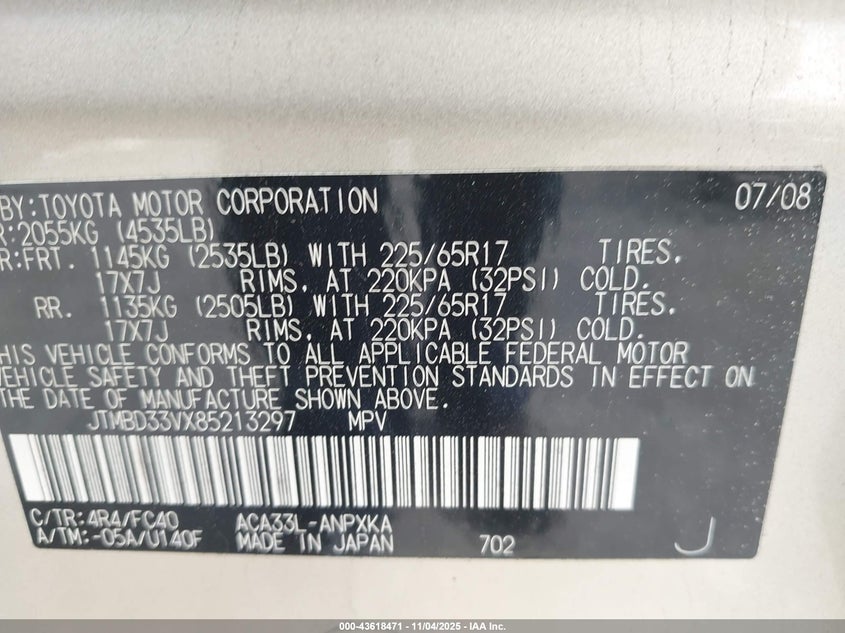 2008 Toyota Rav4 VIN: JTMBD33VX85213297 Lot: 43618471