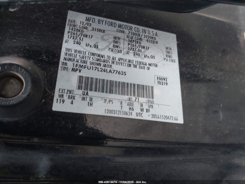 2004 Ford Expedition Eddie Bauer VIN: 1FMFU17L24LA77635 Lot: 43618474