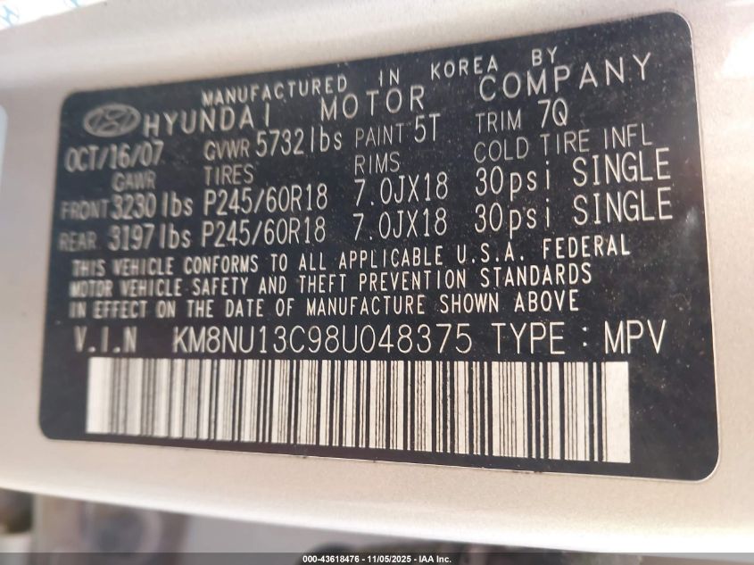 2008 Hyundai Veracruz Gls/Limited/Se VIN: KM8NU13C98U048375 Lot: 43618476