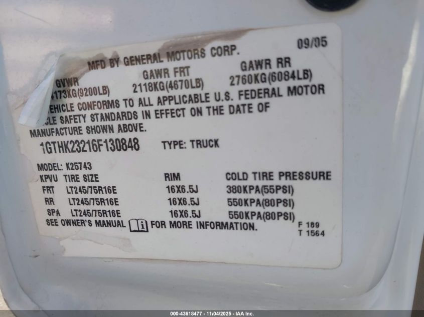 2006 GMC Sierra 2500Hd Slt VIN: 1GTHK23216F130848 Lot: 43618477