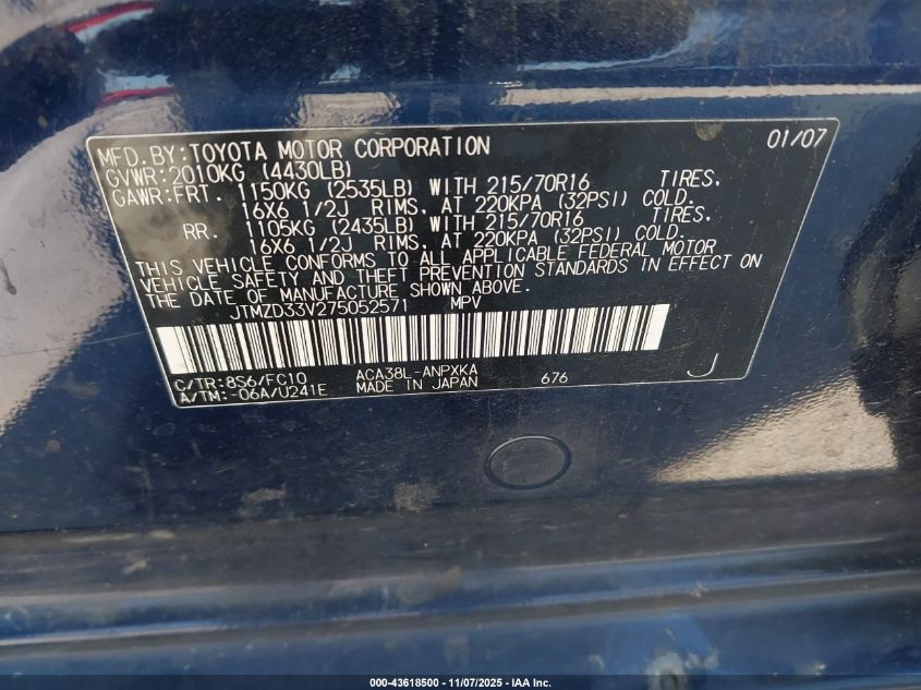 2007 Toyota Rav4 VIN: JTMZD33V275052571 Lot: 43618500
