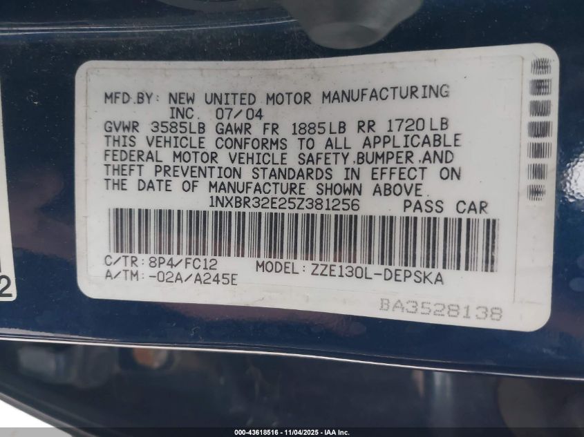 2005 Toyota Corolla S VIN: 1NXBR32E25Z381256 Lot: 43618516