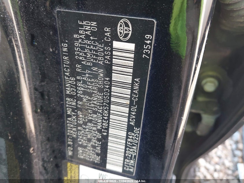 4T1BE46K57U503404 2007 TOYOTA CAMRY photo no. 9