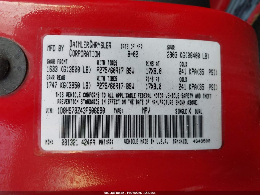 1D8HS78Z43F506880 2003 DODGE DURANGO photo no. 9