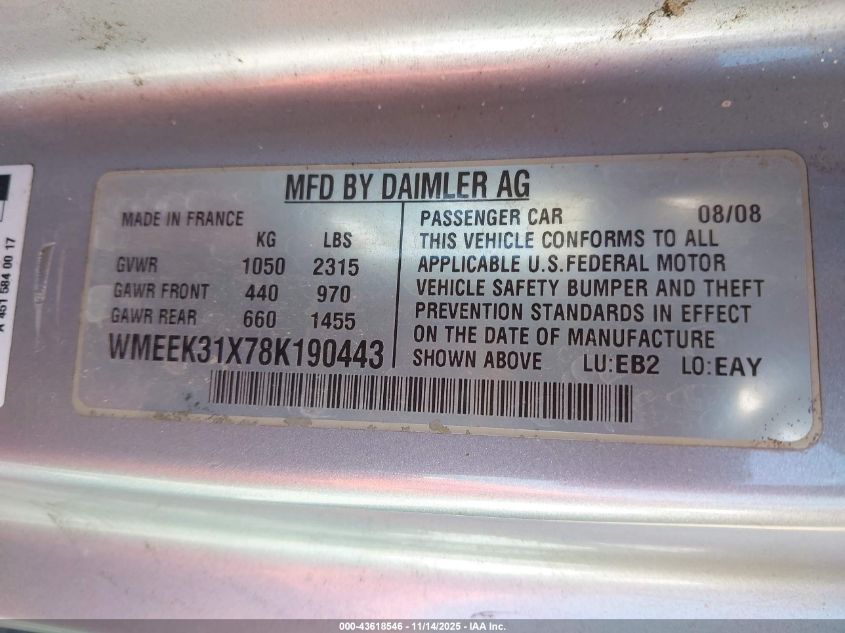 2008 Smart Fortwo Passion VIN: WMEEK31X78K190443 Lot: 43618546