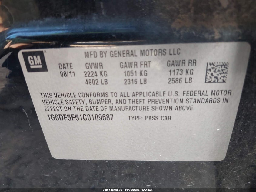 2012 Cadillac Cts Luxury VIN: 1G6DF5E51C0109687 Lot: 43618556