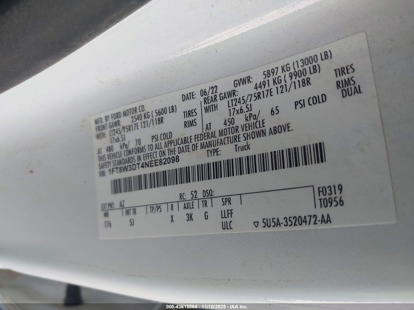 2022 Ford F-350 Lariat VIN: 1FT8W3DT4NEE82098 Lot: 43618564