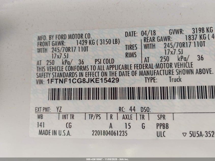 2018 FORD F-150 XL 1FTNF1CG8JKE15429