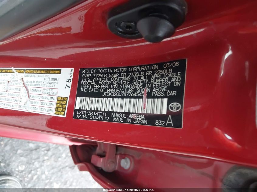 2008 Toyota Prius VIN: JTDKB20U787764545 Lot: 43618566