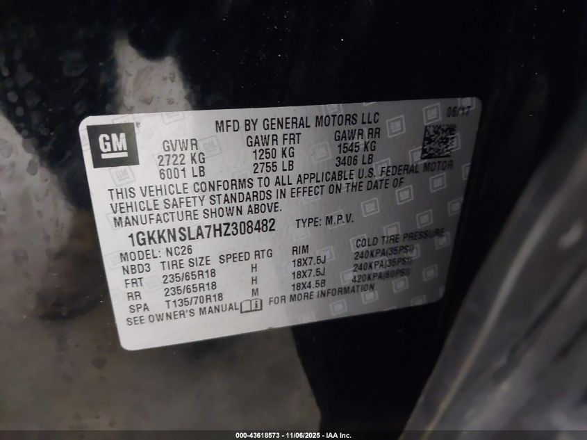 2017 GMC Acadia Sle-2 VIN: 1GKKNSLA7HZ308482 Lot: 43618573