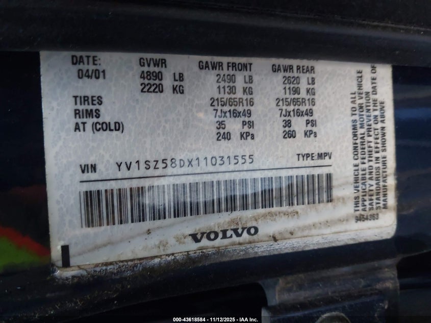 2001 Volvo V70 Xc VIN: YV1SZ58DX11031555 Lot: 43618584