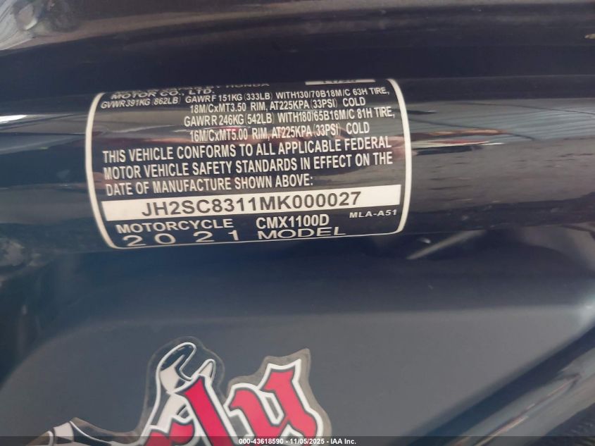2021 Honda Cmx1100 D VIN: JH2SC8311MK000027 Lot: 43618590