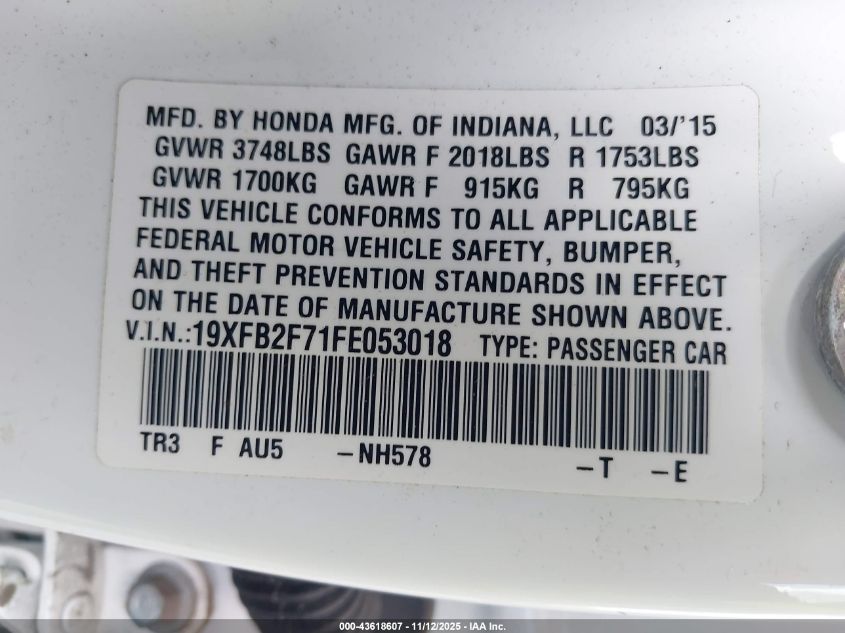 2015 Honda Civic Se VIN: 19XFB2F71FE053018 Lot: 43618607
