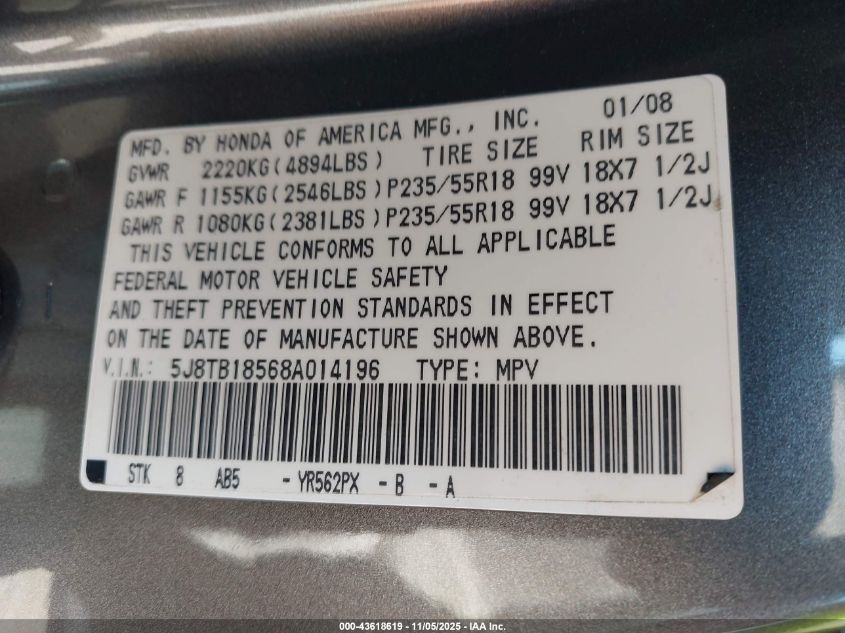 2008 Acura Rdx VIN: 5J8TB18568A014196 Lot: 43618619