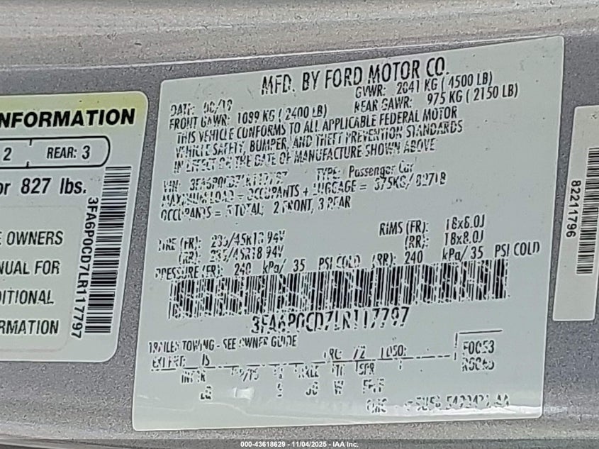 2020 FORD FUSION SEL 3FA6P0CD7LR117797