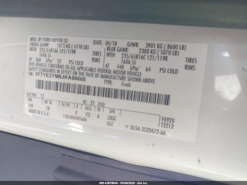 2018 Ford Transit-150 VIN: 1FTYE2YM8JKA96666 Lot: 43618641