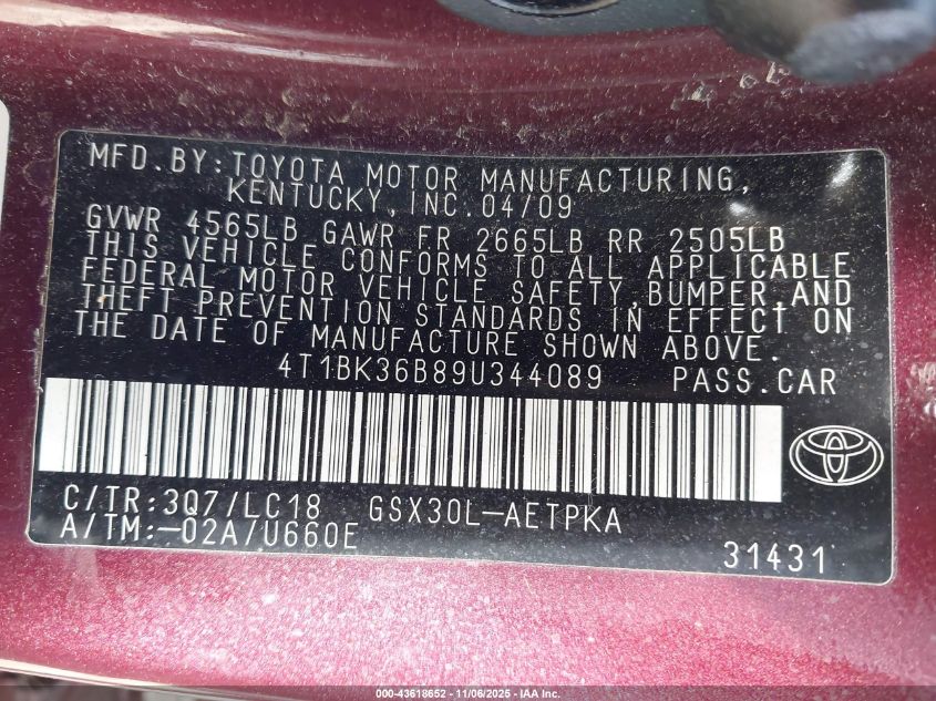 2009 Toyota Avalon Limited VIN: 4T1BK36B89U344089 Lot: 43618652