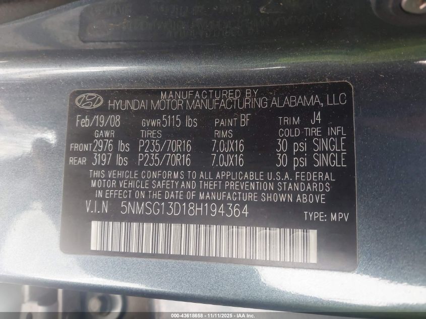 2008 Hyundai Santa Fe Gls VIN: 5NMSG13D18H194364 Lot: 43618658