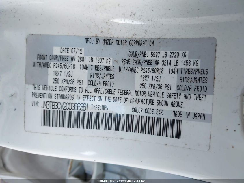 2012 Mazda Cx-9 Touring VIN: JM3TB3CV2C0366361 Lot: 43618679