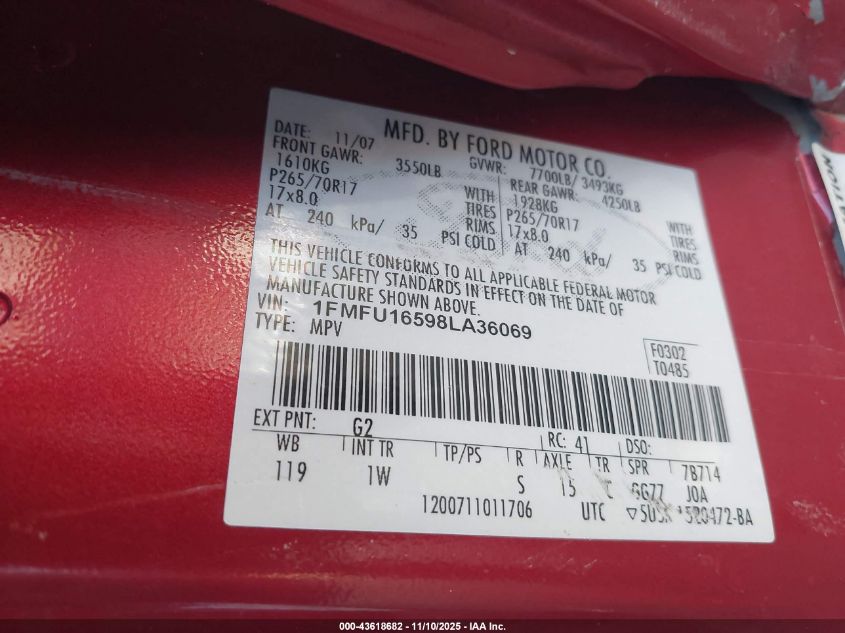 2008 Ford Expedition Xlt VIN: 1FMFU16598LA36069 Lot: 43618682