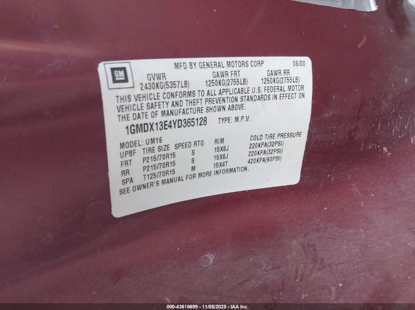 2000 Pontiac Montana M16 VIN: 1GMDX13E4YD365128 Lot: 43618699