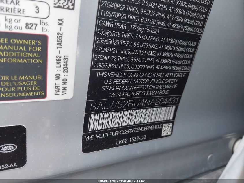 2022 Land Rover Range Rover Sport Hst Mhev VIN: SALWS2RU4NA204431 Lot: 43618703