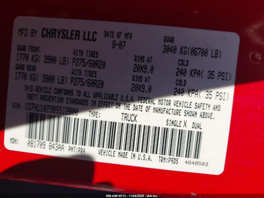 2008 Dodge Ram 1500 Slt VIN: 1D7HU18238S512800 Lot: 43618713