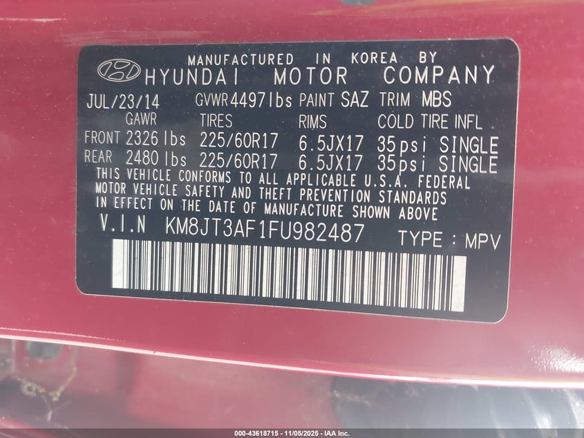 2015 HYUNDAI TUCSON GLS - KM8JT3AF1FU982487