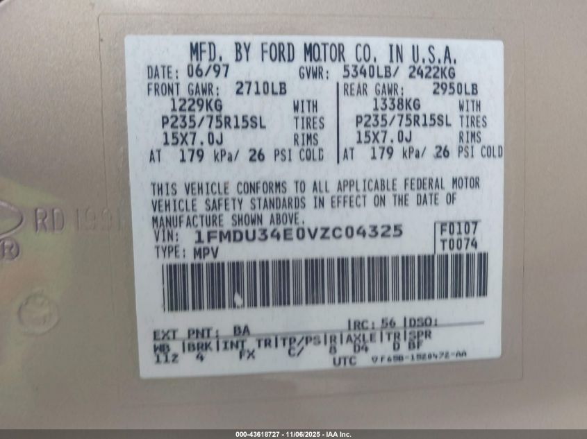 1997 Ford Explorer Eddie Bauer/Limited/Xl/Xlt VIN: 1FMDU34E0VZC04325 Lot: 43618727