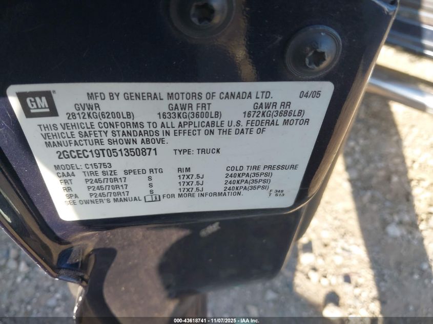 2005 Chevrolet Silverado 1500 Ls VIN: 2GCEC19T051350871 Lot: 43618741