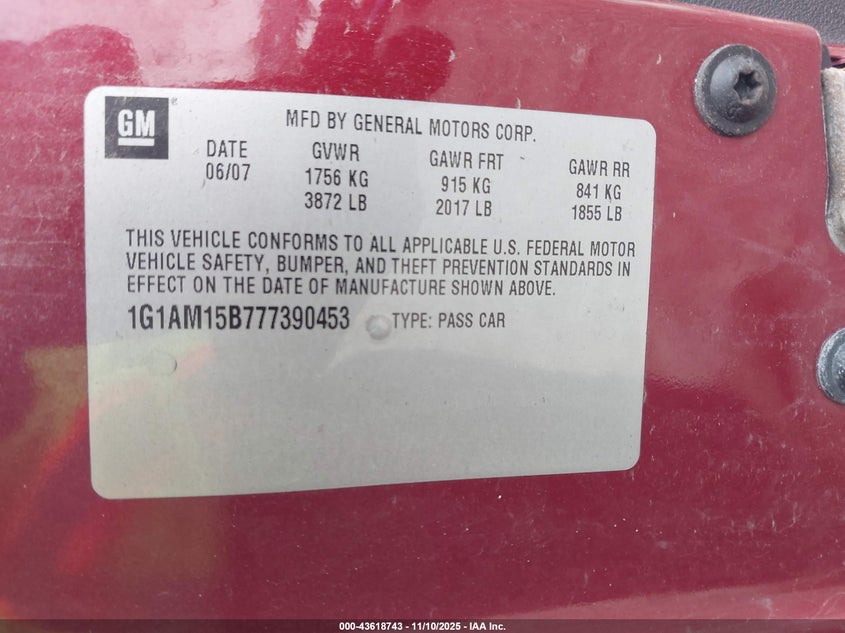 2007 Chevrolet Cobalt Ss VIN: 1G1AM15B777390453 Lot: 43618743
