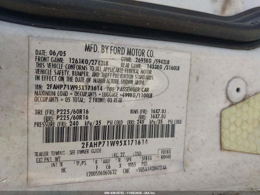 2005 Ford Crown Victoria Police VIN: 2FAHP71W95X171614 Lot: 43618752