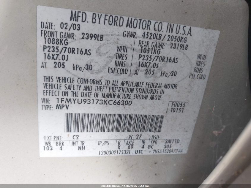 2003 Ford Escape Xlt VIN: 1FMYU93173KC66300 Lot: 43618754