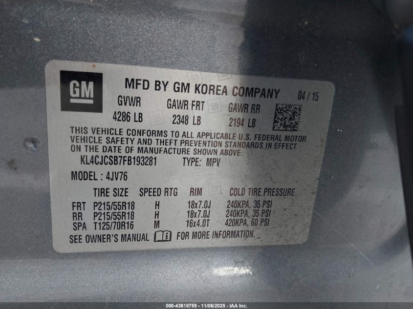 2015 Buick Encore Leather VIN: KL4CJCSB7FB193281 Lot: 43618759