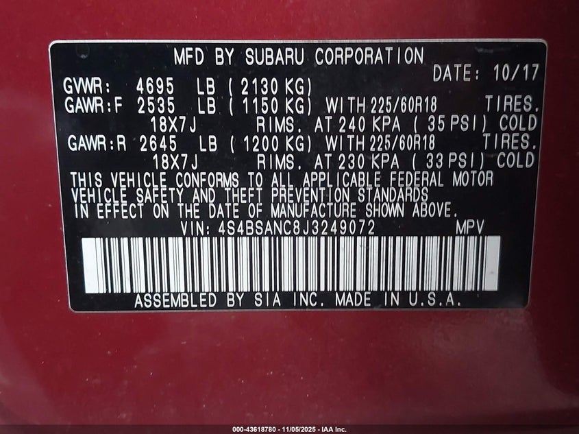 2018 SUBARU OUTBACK 2.5I LIMITED 4S4BSANC8J3249072