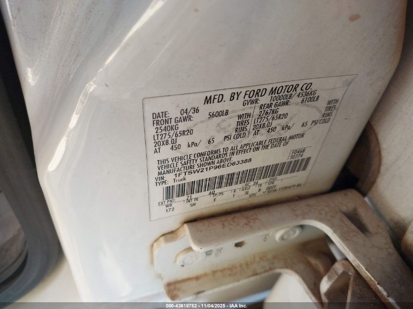 2006 Ford F-250 Lariat/Xl/Xlt VIN: 1FTSW21P96ED63388 Lot: 43618782