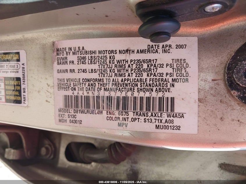 2007 Mitsubishi Endeavor Se VIN: 4A4MN31S77E077572 Lot: 43618806