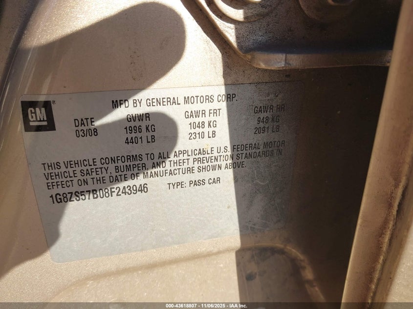 2008 Saturn Aura Xe VIN: 1G8ZS57B08F243946 Lot: 43618807