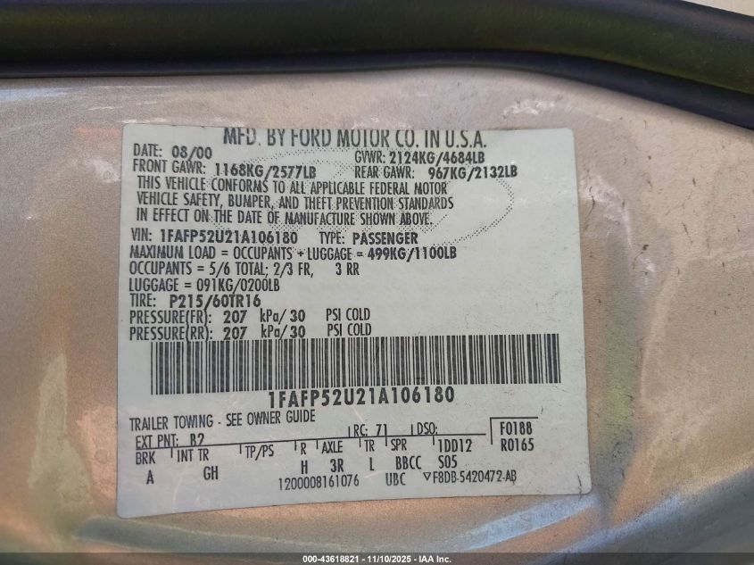 2001 Ford Taurus Lx VIN: 1FAFP52U21A106180 Lot: 43618821