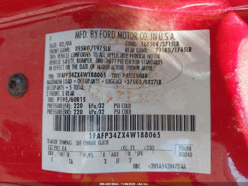 2004 Ford Focus Se VIN: 1FAFP34ZX4W188065 Lot: 43618844