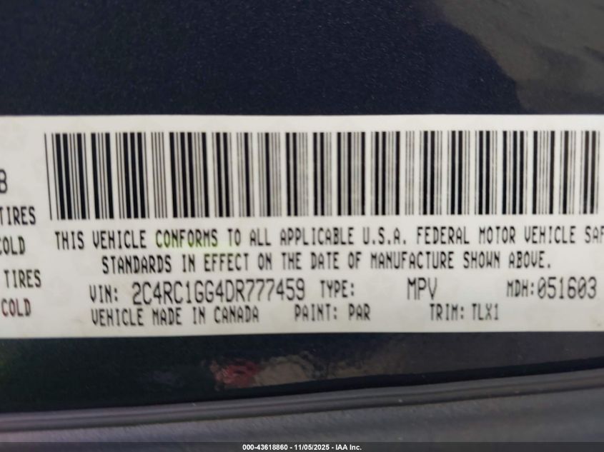 2013 Chrysler Town & Country Limited VIN: 2C4RC1GG4DR777459 Lot: 43618860