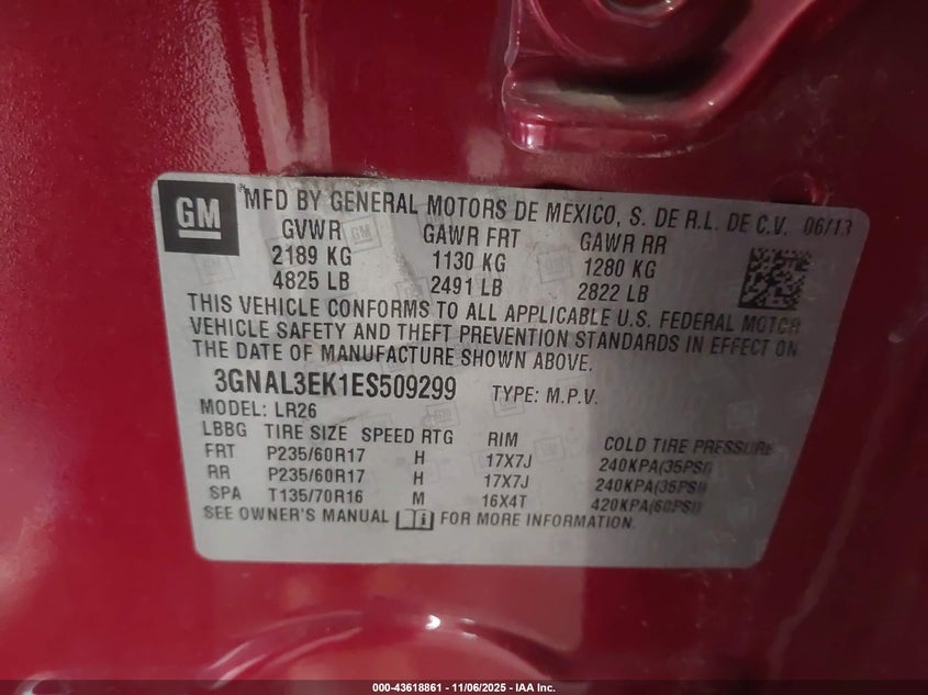 2014 CHEVROLET CAPTIVA SPORT LT 3GNAL3EK1ES509299