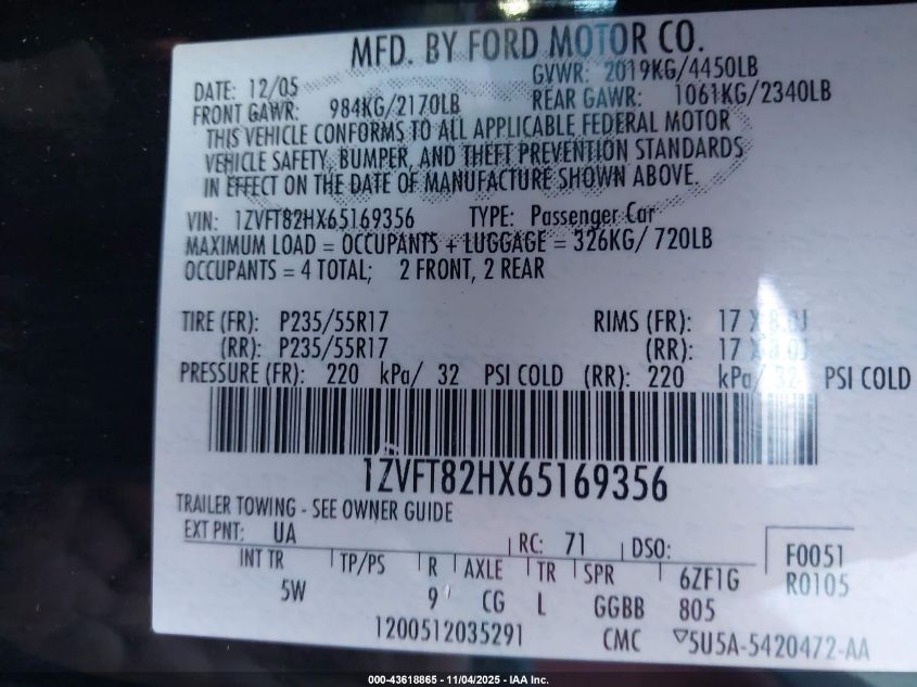 2006 Ford Mustang Gt VIN: 1ZVFT82HX65169356 Lot: 43618865