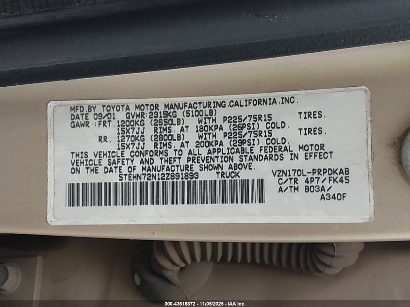 2002 Toyota Tacoma Base V6 VIN: 5TEHN72N12Z891893 Lot: 43618872